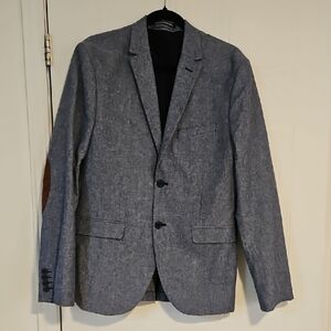 H&M Mens Medium Linen Blazer Blue Elbow Patches Slim Fit Sport Coat Jacket